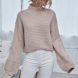 High Neck Drop Shoulder Rib-knit Sweater